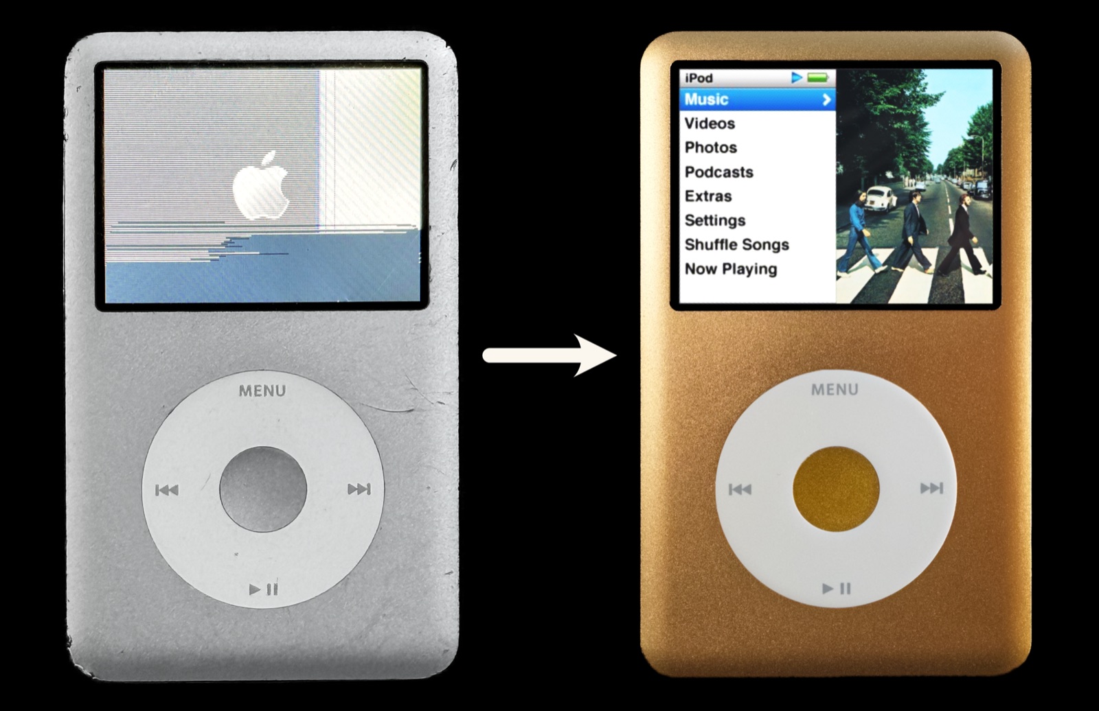 A worn iPod Classic restored with a gold faceplate and white click wheel